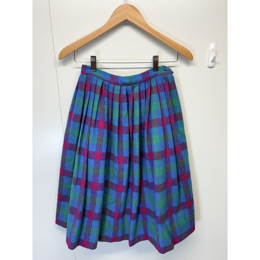 Vintage Doris Dotson Wool Skirt Womens XS/S Green/purple Plaid Pleated‎ Long 70s